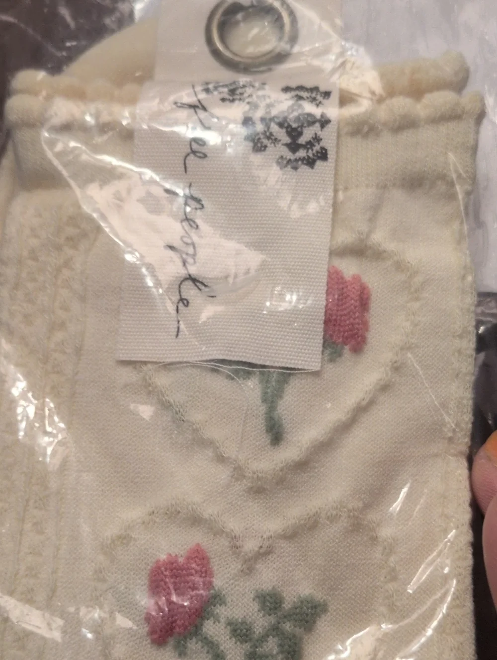 Free People Cream Knit Socks with Pink Rose Embroidery